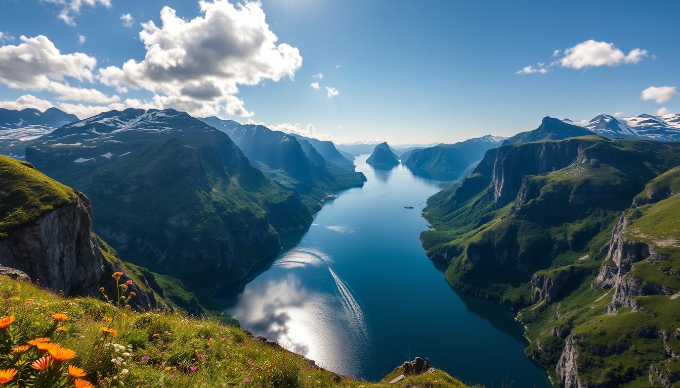 A view from on top of a hiking route in a fjord in Norway